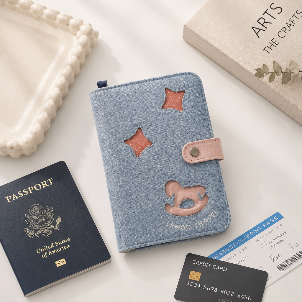 Cute Cat Passport Holder, Fabric Travel Wallet with Card Slots, ID Window, Wrist Strap & Passport Organizer for Travel