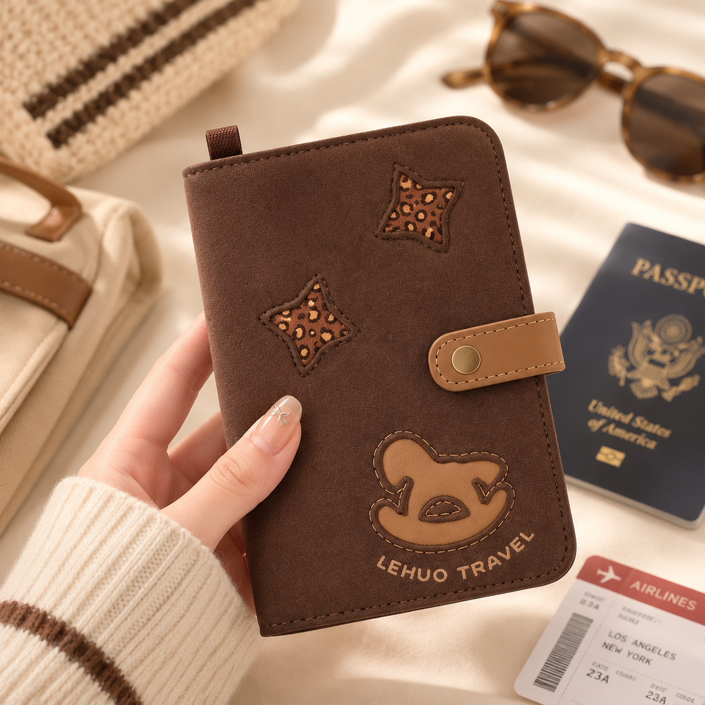 Cute Cat Passport Holder, Fabric Travel Wallet with Card Slots, ID Window, Wrist Strap & Passport Organizer for Travel