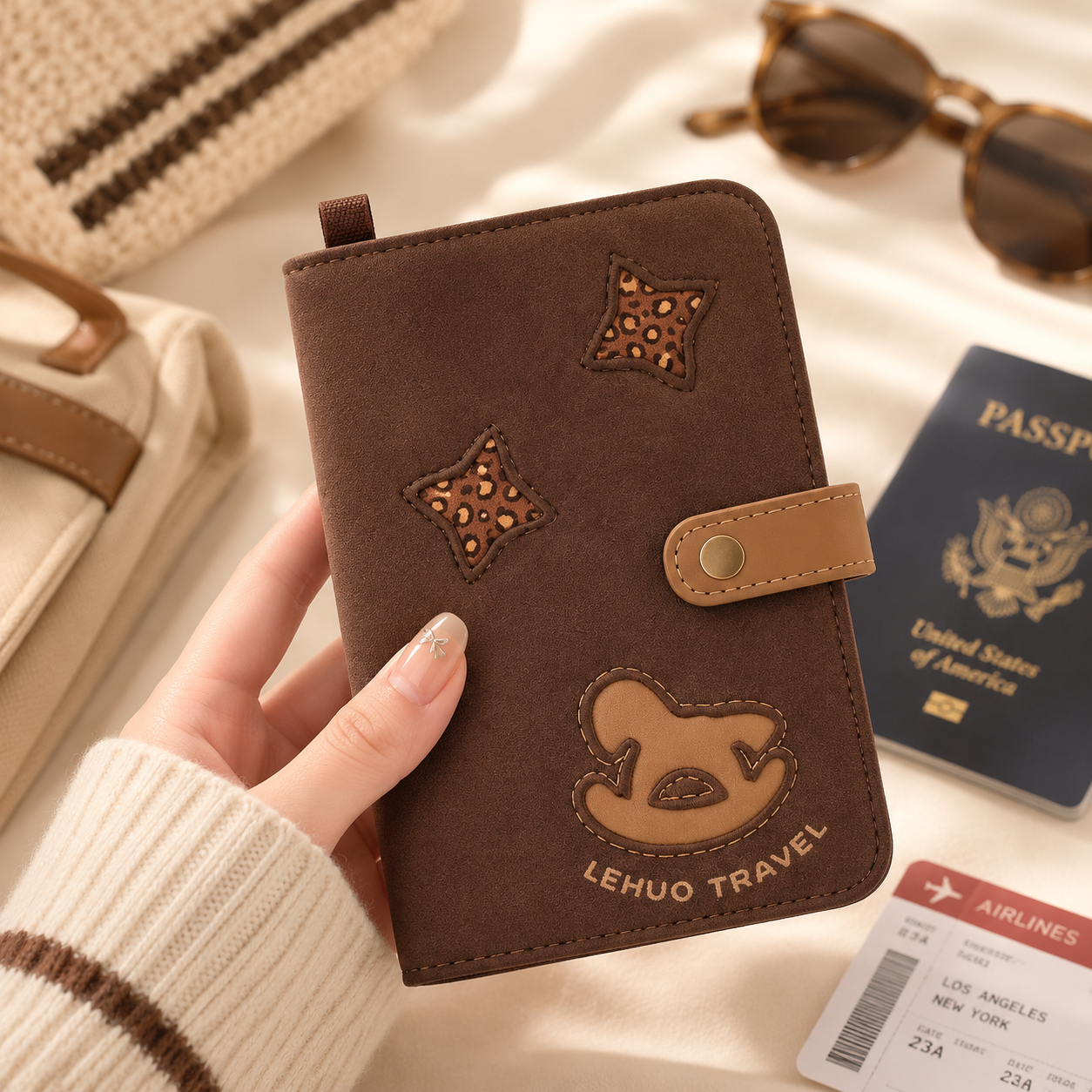Cute Cat Passport Holder, Fabric Travel Wallet with Card Slots, ID Window, Wrist Strap & Passport Organizer for Travel