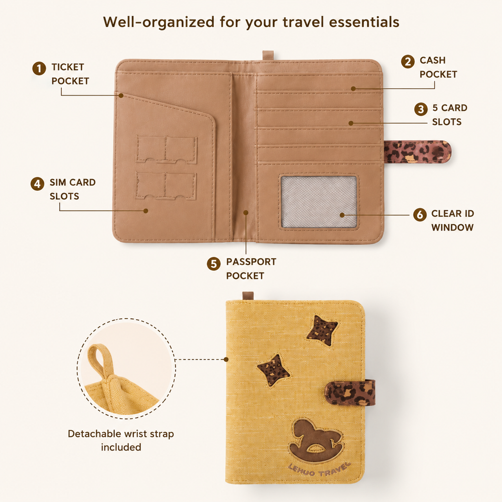 Cute Cat Passport Holder, Fabric Travel Wallet with Card Slots, ID Window, Wrist Strap & Passport Organizer for Travel