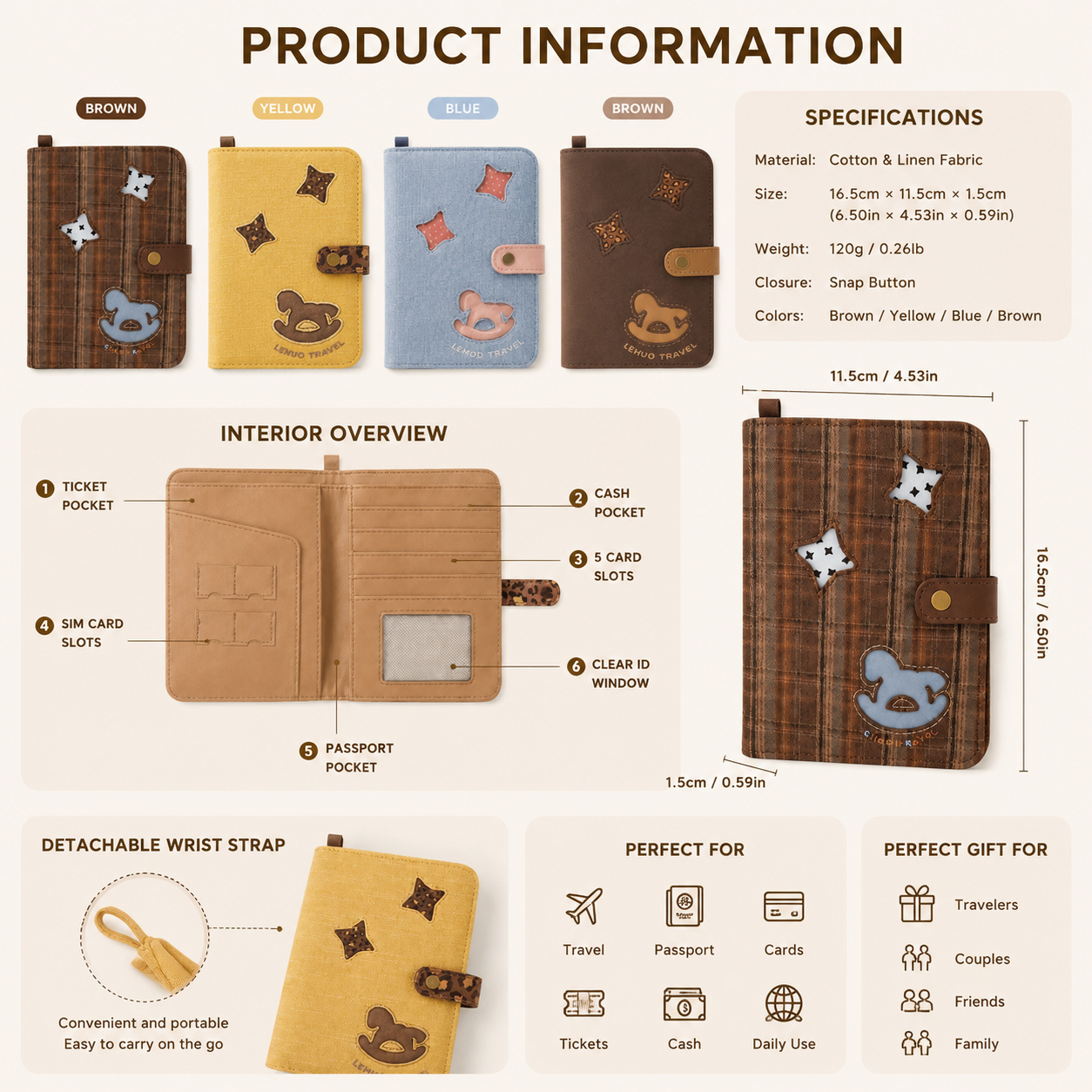 Cute Cat Passport Holder, Fabric Travel Wallet with Card Slots, ID Window, Wrist Strap & Passport Organizer for Travel