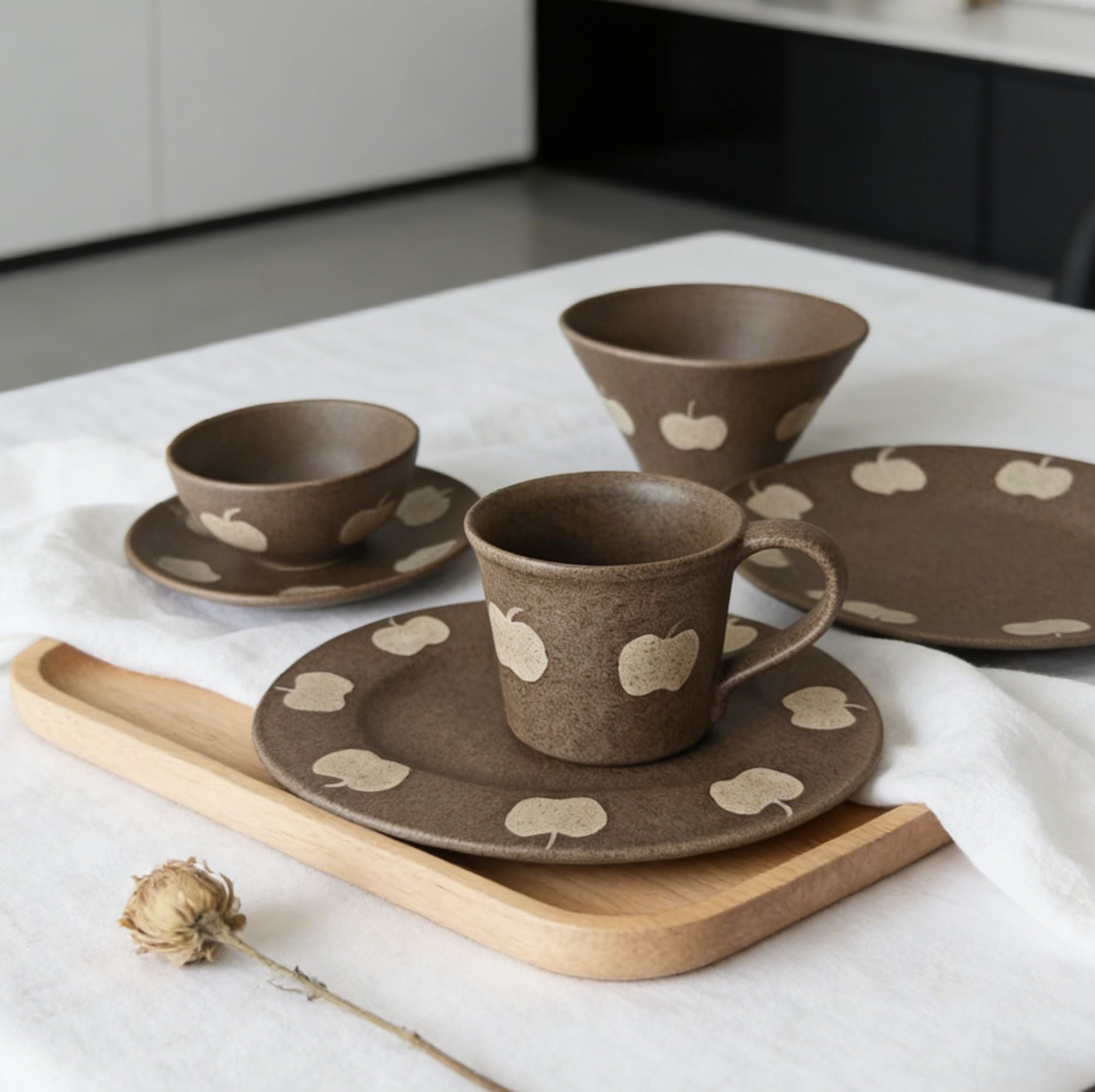 Rustic Ceramic Dinnerware Set with Apple Pattern, Japanese Style Handmade Bowl Plate Cup Set for Minimalist Kitchen Decor