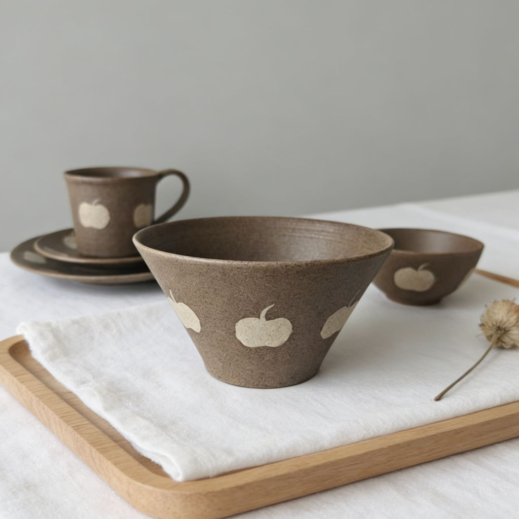 Rustic Ceramic Dinnerware Set with Apple Pattern, Japanese Style Handmade Bowl Plate Cup Set for Minimalist Kitchen Decor