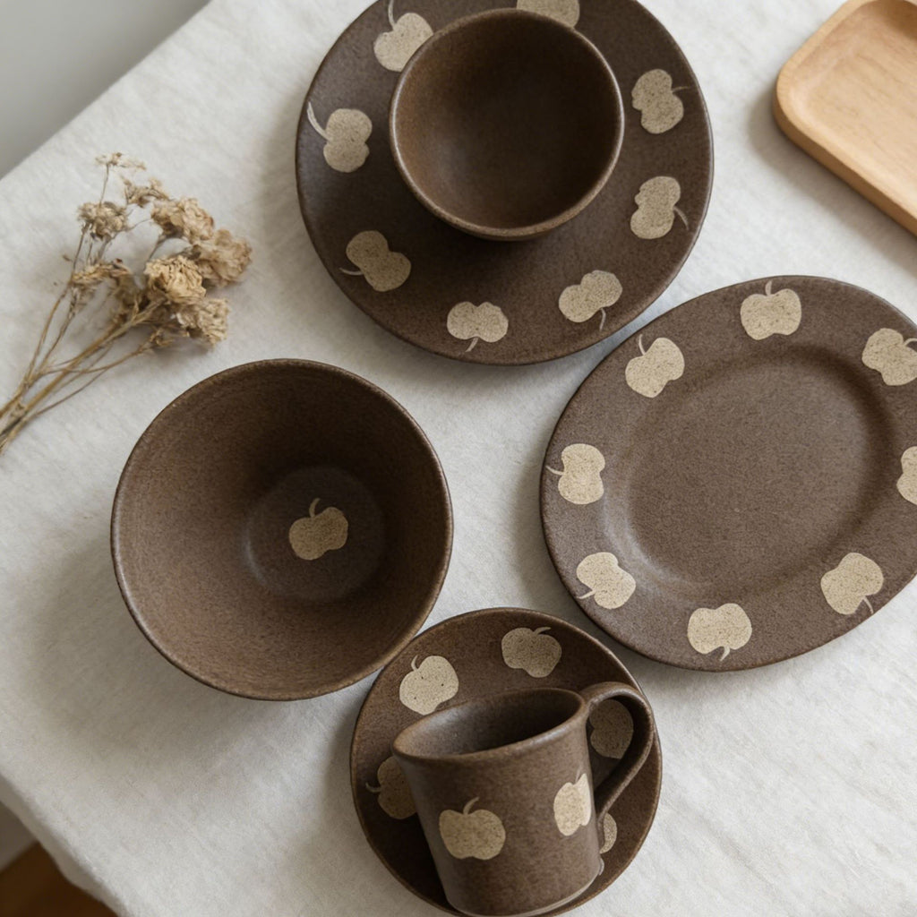 Rustic Ceramic Dinnerware Set with Apple Pattern, Japanese Style Handmade Bowl Plate Cup Set for Minimalist Kitchen Decor