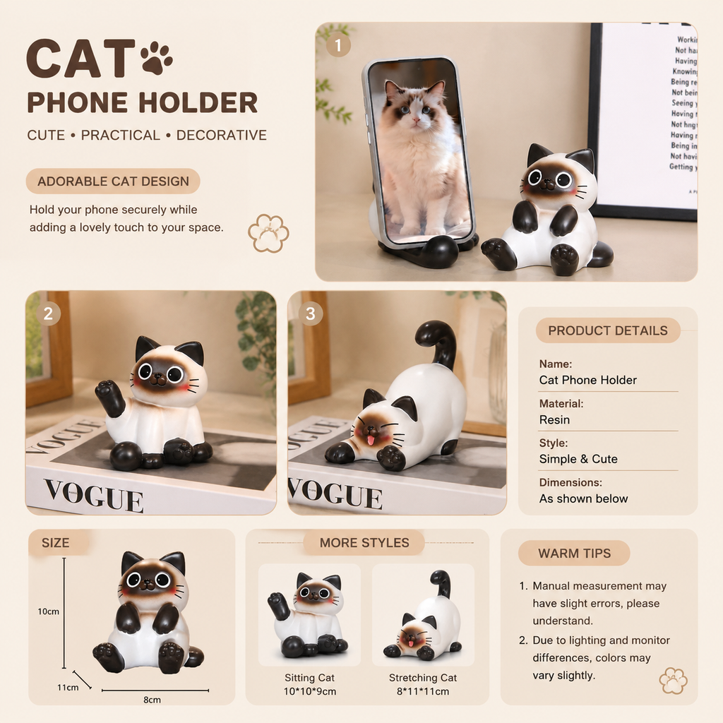 Cute Cat Phone Holder – Adorable Resin Cat Phone Stand, Kawaii Desktop Decor & Functional Smartphone Stand | Unique Gift for Cat Lovers