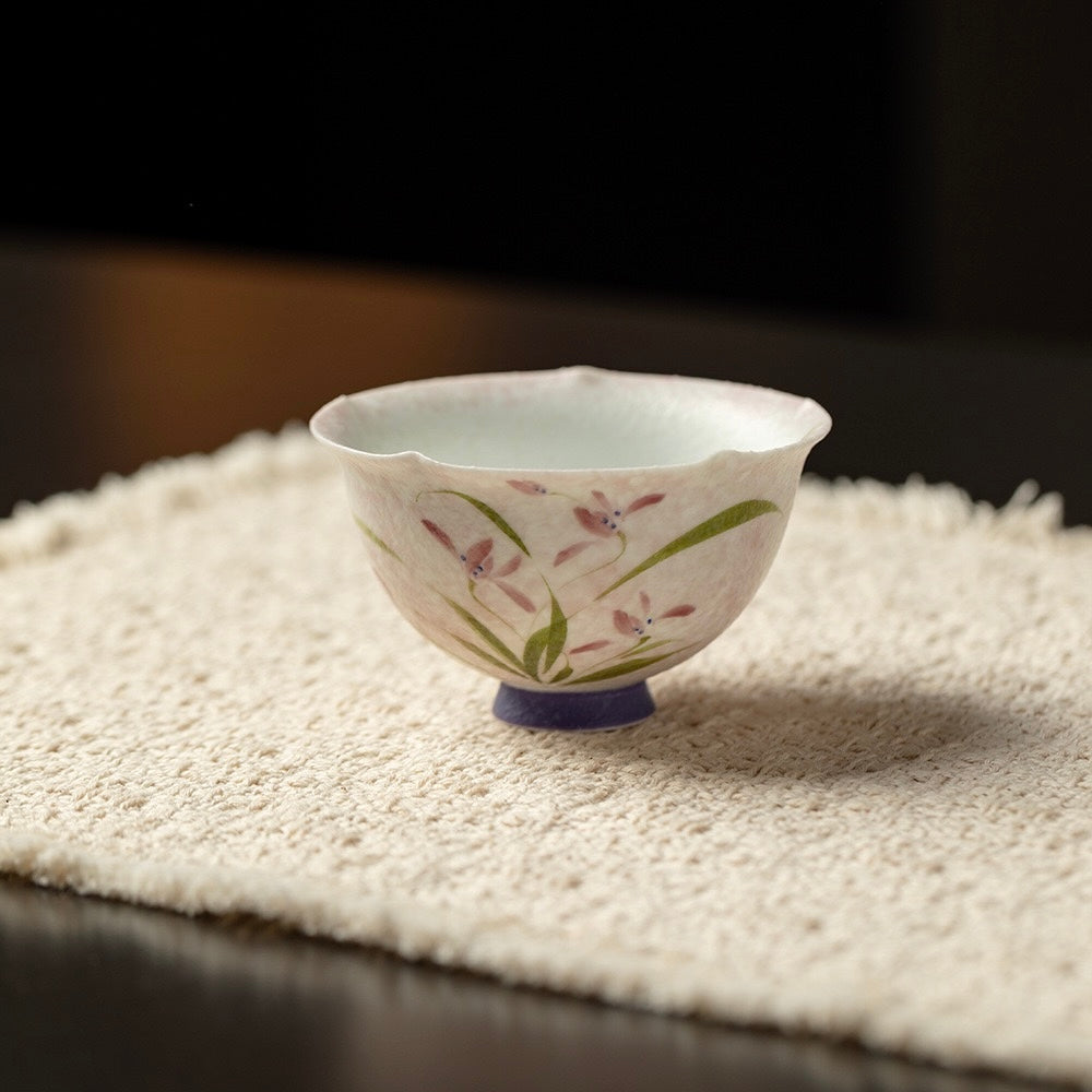 Hand Painted Ceramic Bowl – Japanese Floral Tea Bowl with Pink Flower Design, Celadon Interior, Handmade Pottery Bowl for Tea & Dessert