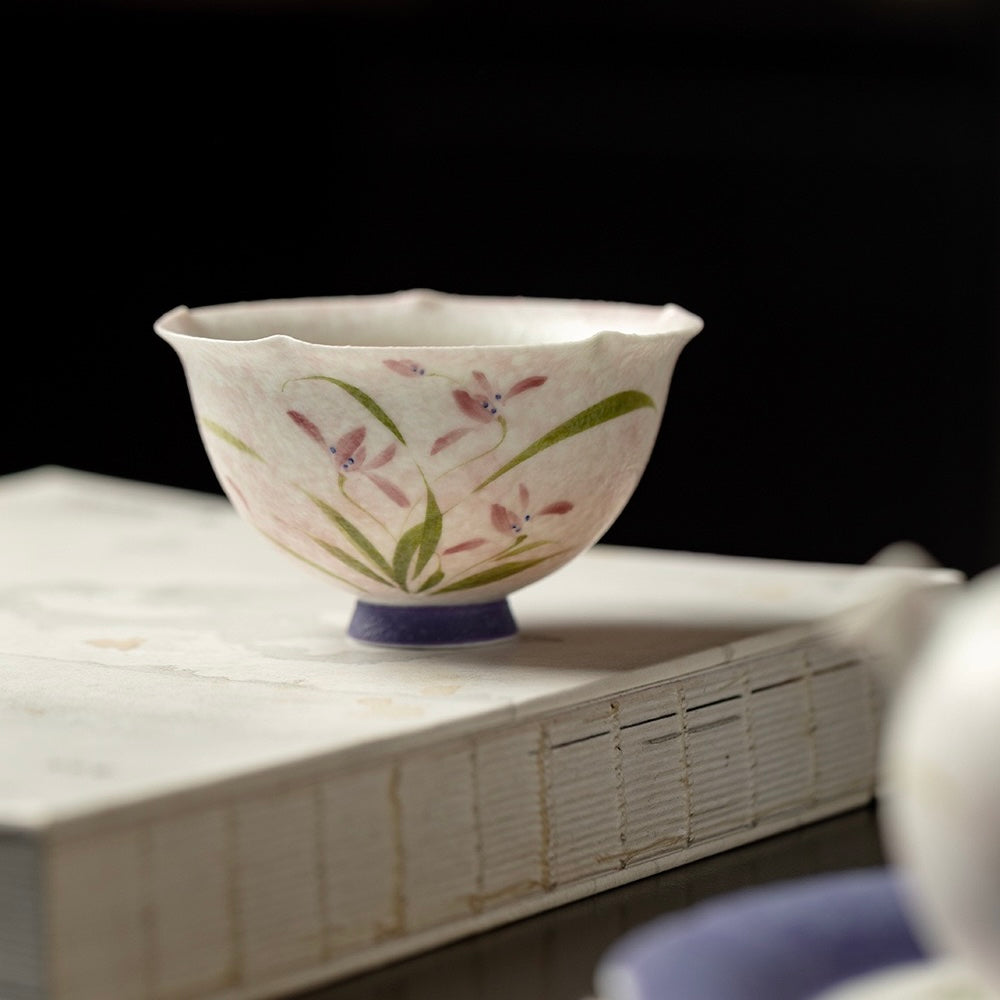 Hand Painted Ceramic Bowl – Japanese Floral Tea Bowl with Pink Flower Design, Celadon Interior, Handmade Pottery Bowl for Tea & Dessert
