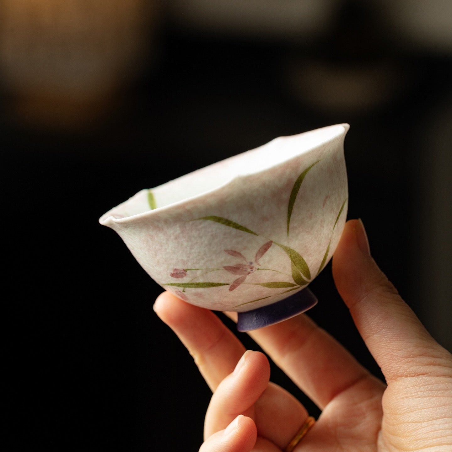 Hand Painted Ceramic Bowl – Japanese Floral Tea Bowl with Pink Flower Design, Celadon Interior, Handmade Pottery Bowl for Tea & Dessert