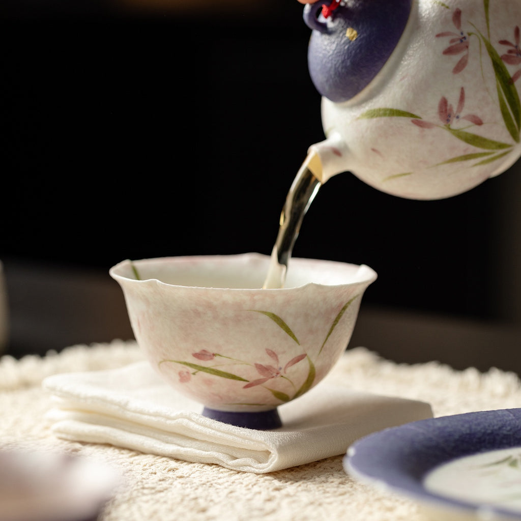 Hand Painted Ceramic Bowl – Japanese Floral Tea Bowl with Pink Flower Design, Celadon Interior, Handmade Pottery Bowl for Tea & Dessert