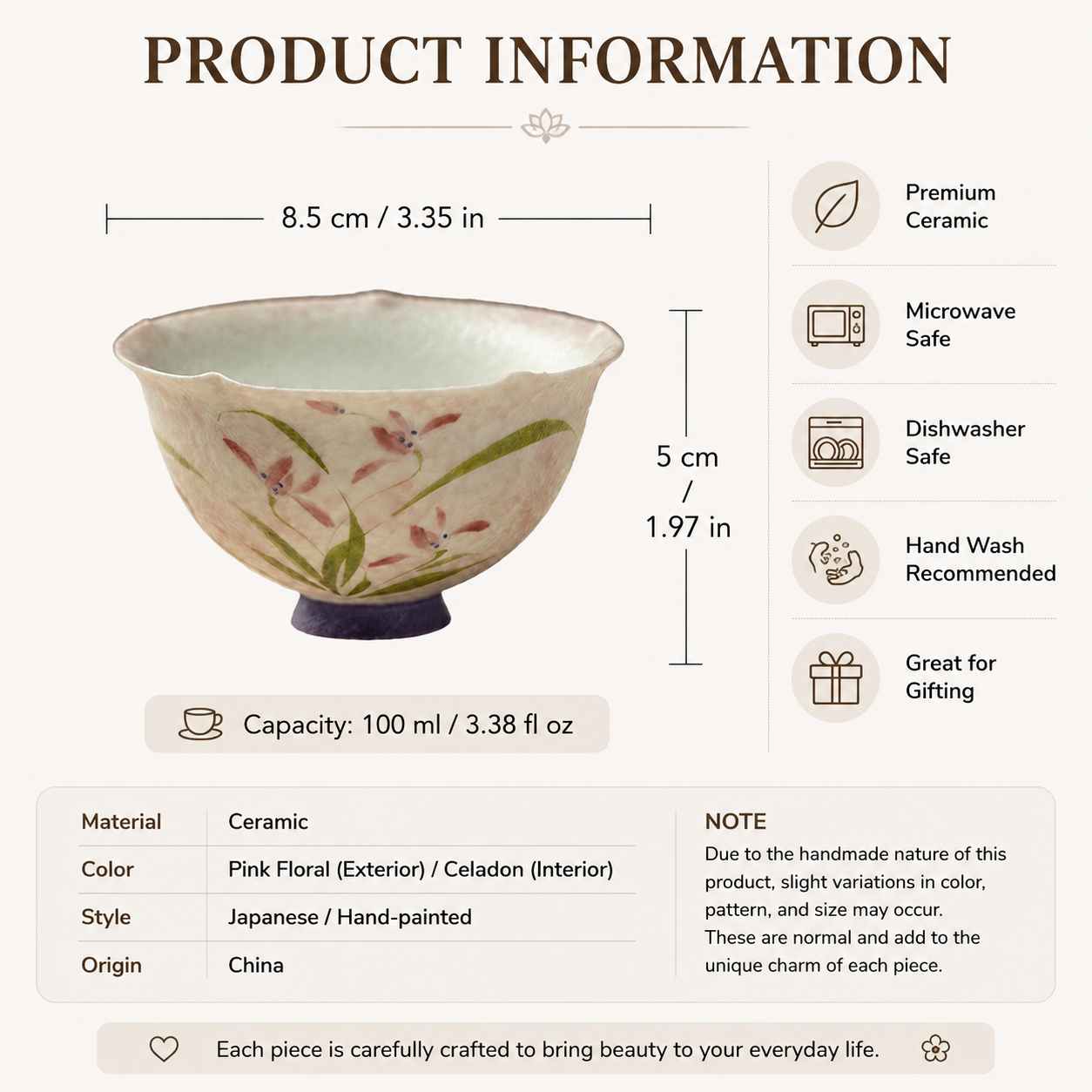 Hand Painted Ceramic Bowl – Japanese Floral Tea Bowl with Pink Flower Design, Celadon Interior, Handmade Pottery Bowl for Tea & Dessert