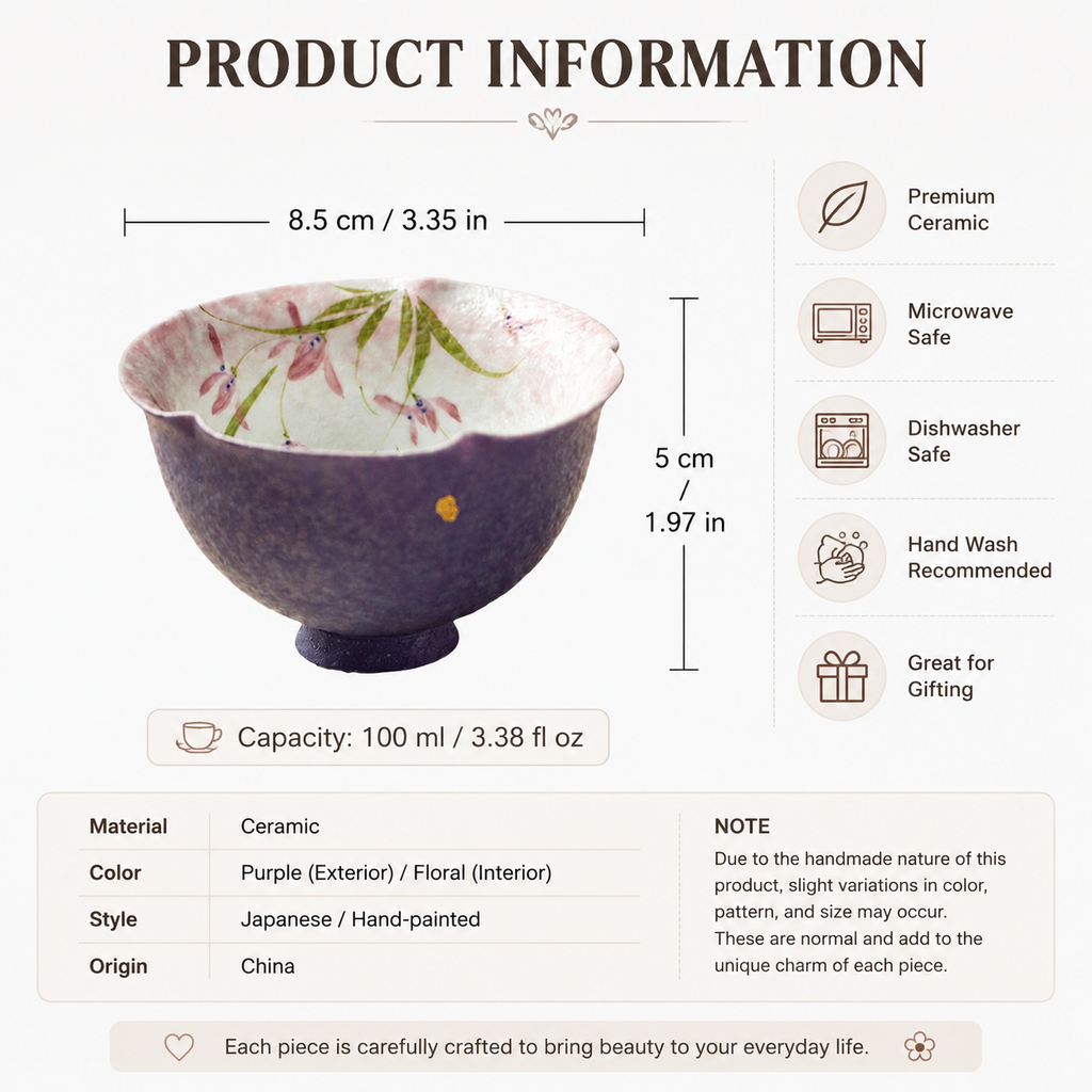 Hand Painted Ceramic Tea Bowl – Japanese Purple Floral Pottery Bowl with Flower Interior Design | Handmade Ceramic Bowl for Tea & Dessert