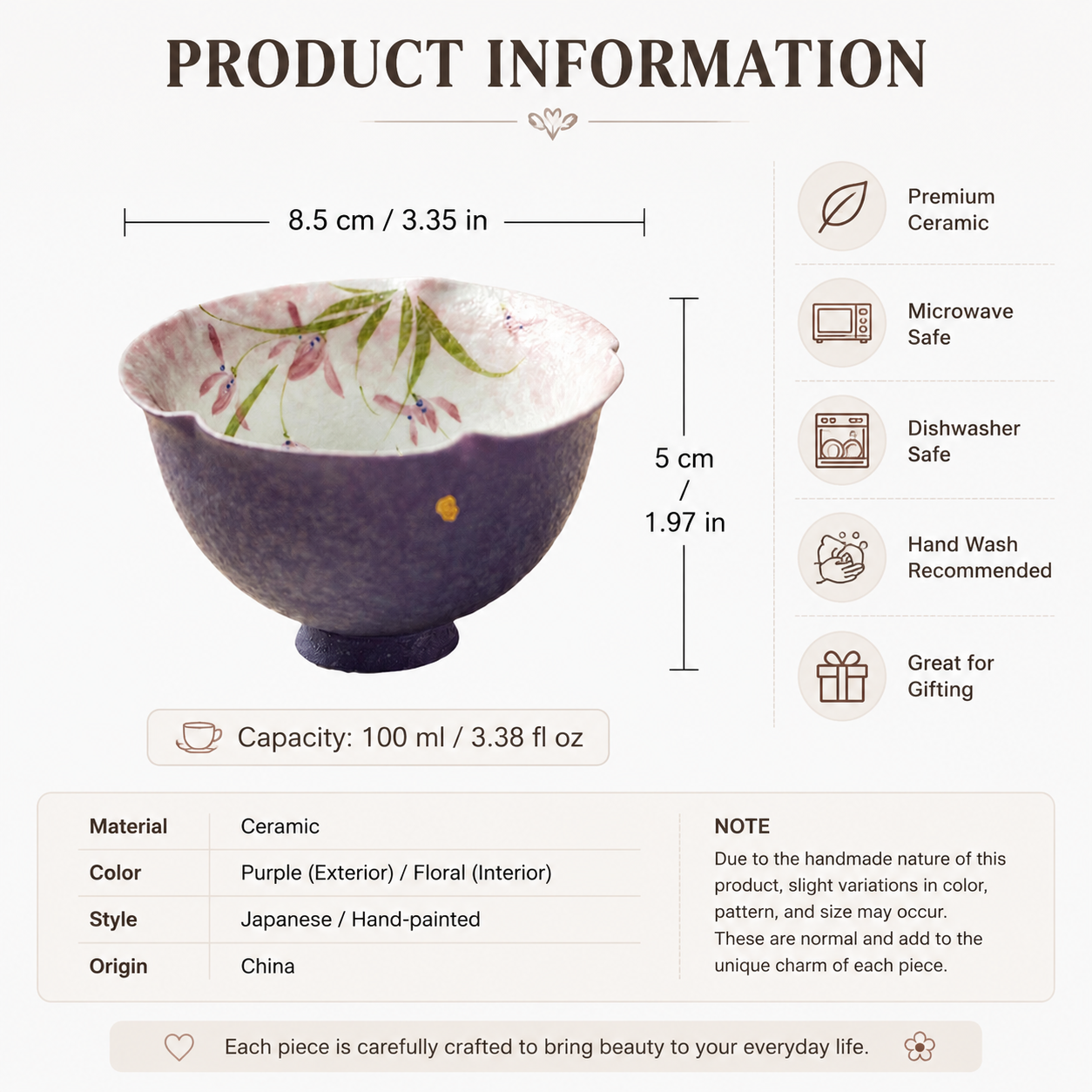 Hand Painted Ceramic Tea Bowl – Japanese Purple Floral Pottery Bowl with Flower Interior Design | Handmade Ceramic Bowl for Tea & Dessert