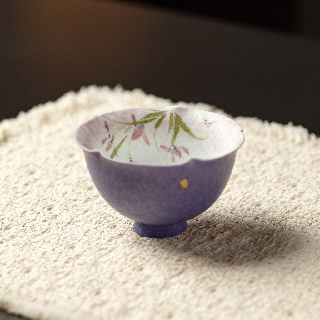 Hand Painted Ceramic Tea Bowl – Japanese Purple Floral Pottery Bowl with Flower Interior Design | Handmade Ceramic Bowl for Tea & Dessert