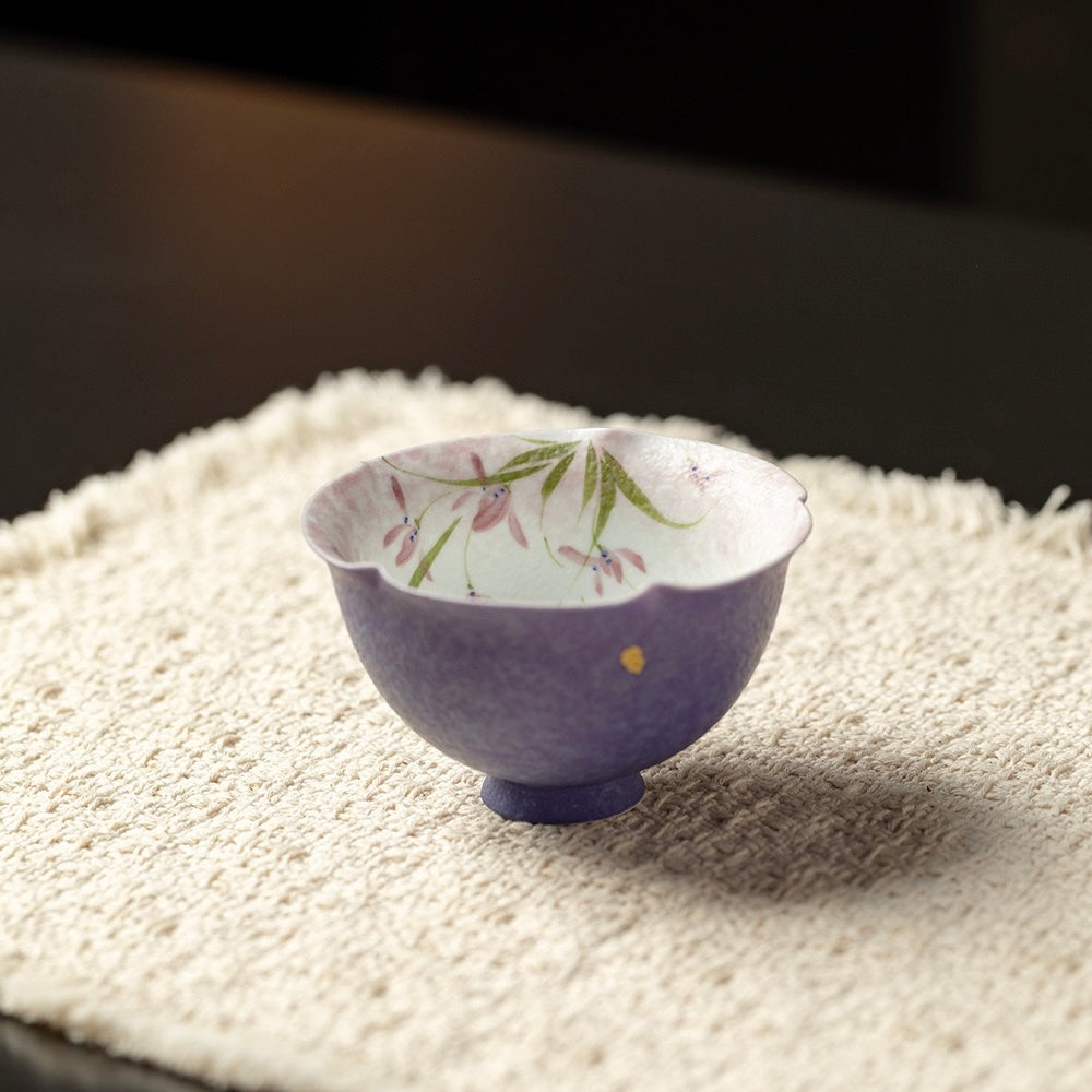 Hand Painted Ceramic Tea Bowl – Japanese Purple Floral Pottery Bowl with Flower Interior Design | Handmade Ceramic Bowl for Tea & Dessert