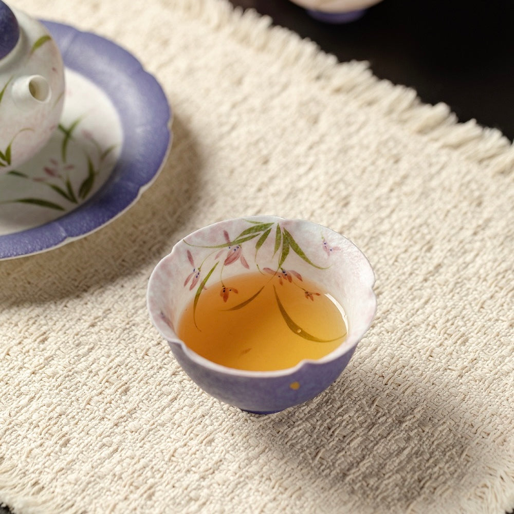 Hand Painted Ceramic Tea Bowl – Japanese Purple Floral Pottery Bowl with Flower Interior Design | Handmade Ceramic Bowl for Tea & Dessert