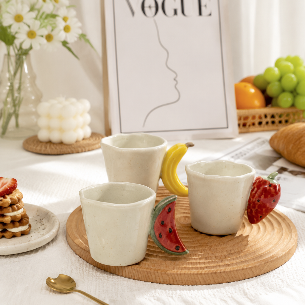 Handcrafted Ceramic Fruit Mug – Cute Strawberry, Banana & Watermelon Handle Coffee Cup | Unique Handmade Tea Mug & Gift for Coffee Lovers