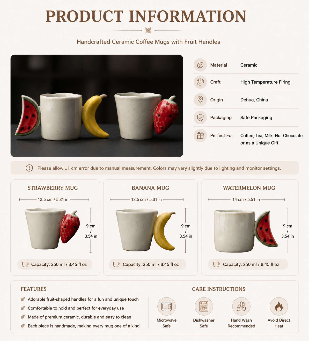 Handcrafted Ceramic Fruit Mug – Cute Strawberry, Banana & Watermelon Handle Coffee Cup | Unique Handmade Tea Mug & Gift for Coffee Lovers