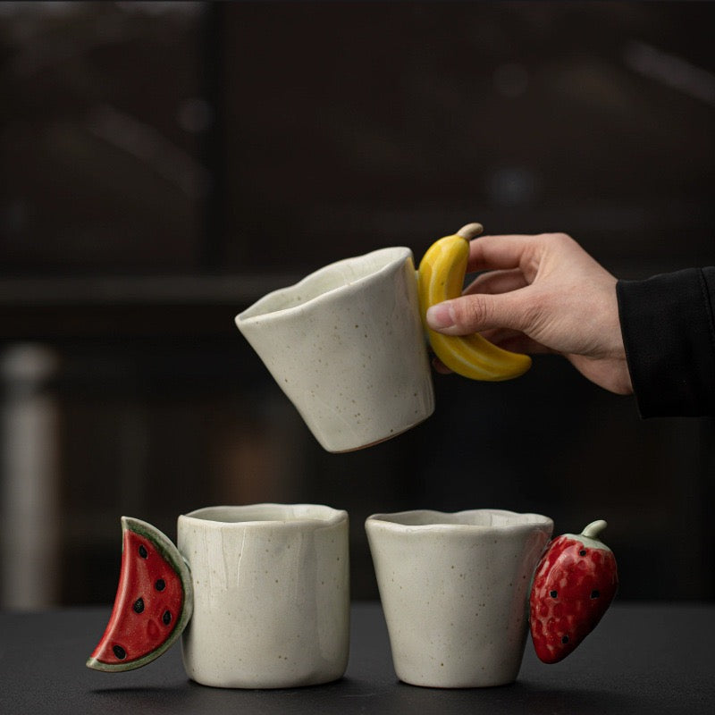 Handcrafted Ceramic Fruit Mug – Cute Strawberry, Banana & Watermelon Handle Coffee Cup | Unique Handmade Tea Mug & Gift for Coffee Lovers