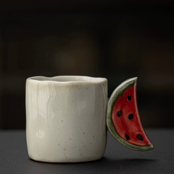 Handcrafted Ceramic Fruit Mug – Cute Strawberry, Banana & Watermelon Handle Coffee Cup | Unique Handmade Tea Mug & Gift for Coffee Lovers