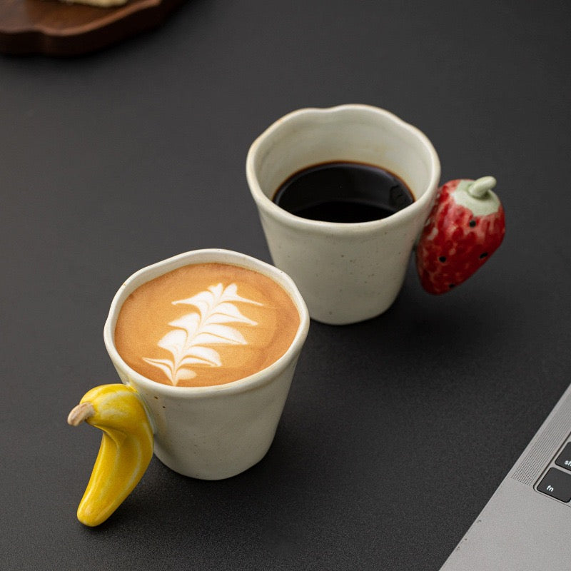Handcrafted Ceramic Fruit Mug – Cute Strawberry, Banana & Watermelon Handle Coffee Cup | Unique Handmade Tea Mug & Gift for Coffee Lovers