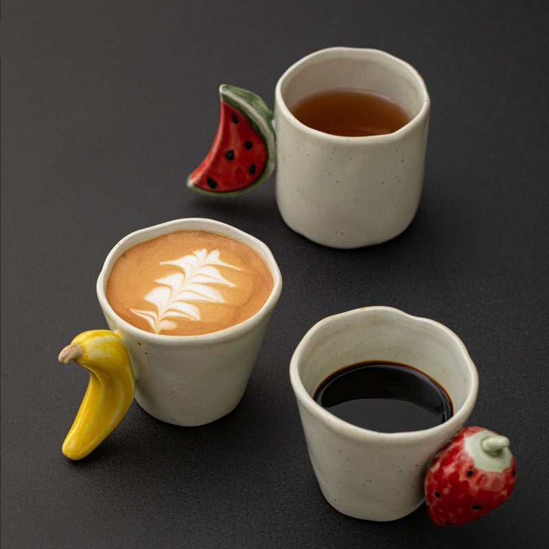 Handcrafted Ceramic Fruit Mug – Cute Strawberry, Banana & Watermelon Handle Coffee Cup | Unique Handmade Tea Mug & Gift for Coffee Lovers