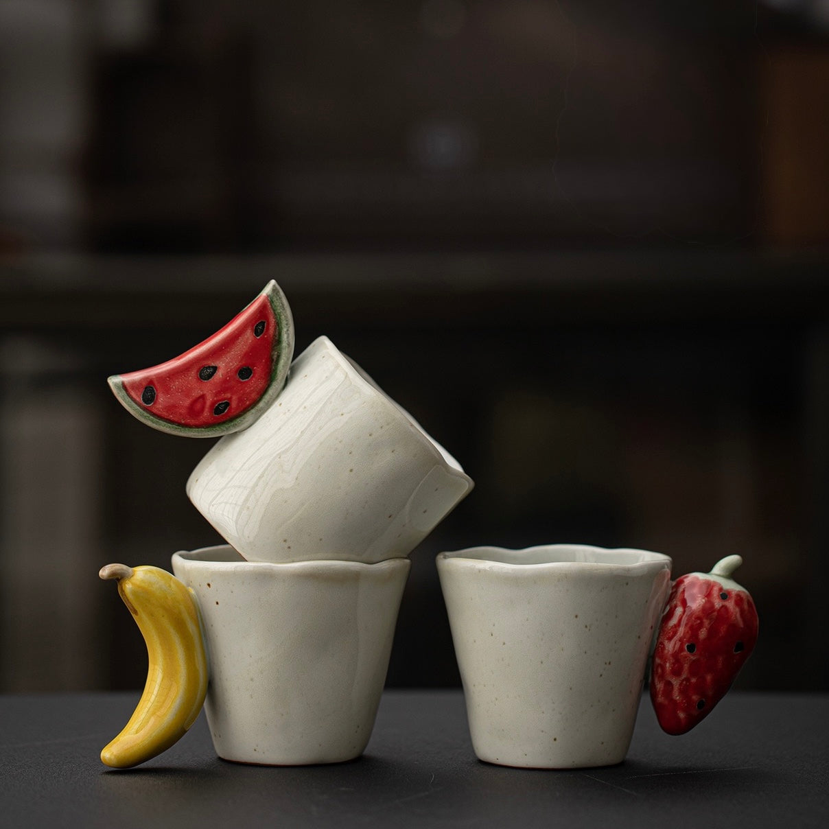 Handcrafted Ceramic Fruit Mug – Cute Strawberry, Banana & Watermelon Handle Coffee Cup | Unique Handmade Tea Mug & Gift for Coffee Lovers