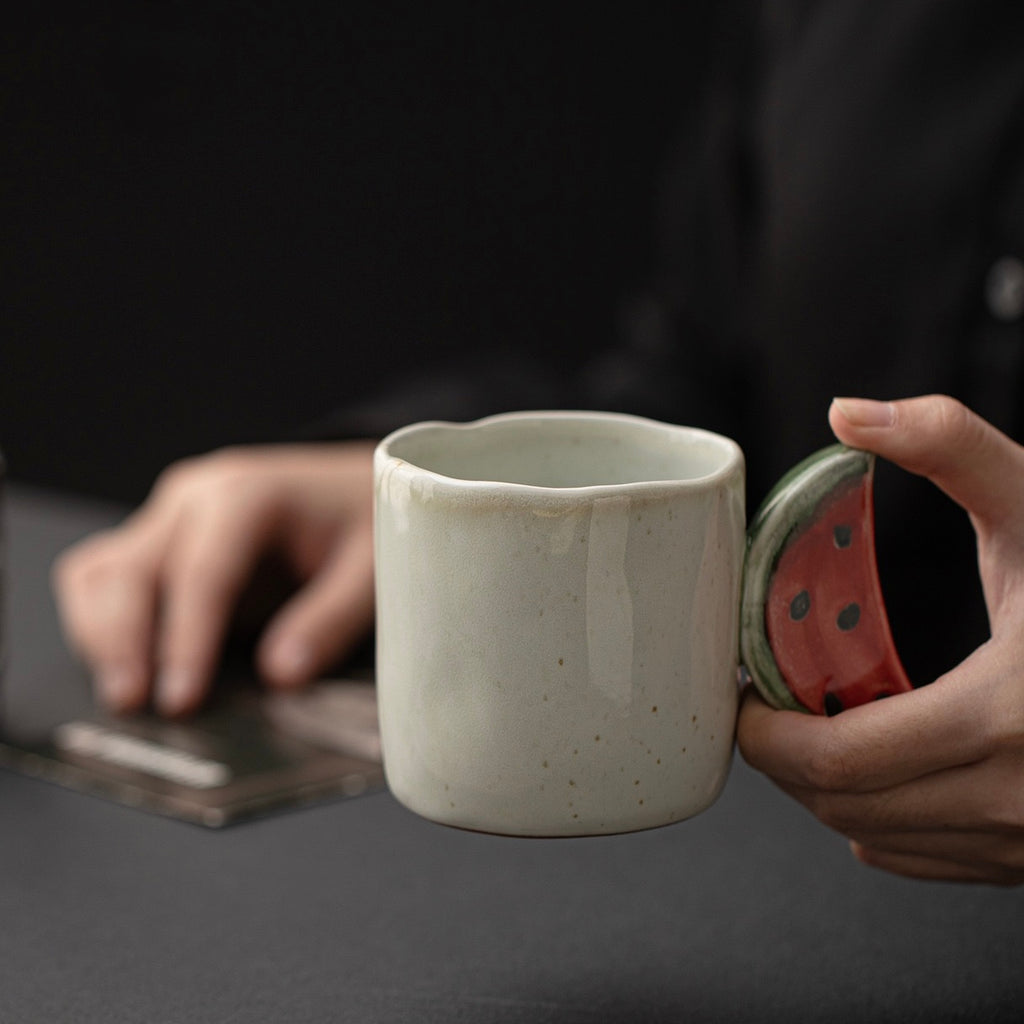 Handcrafted Ceramic Fruit Mug – Cute Strawberry, Banana & Watermelon Handle Coffee Cup | Unique Handmade Tea Mug & Gift for Coffee Lovers