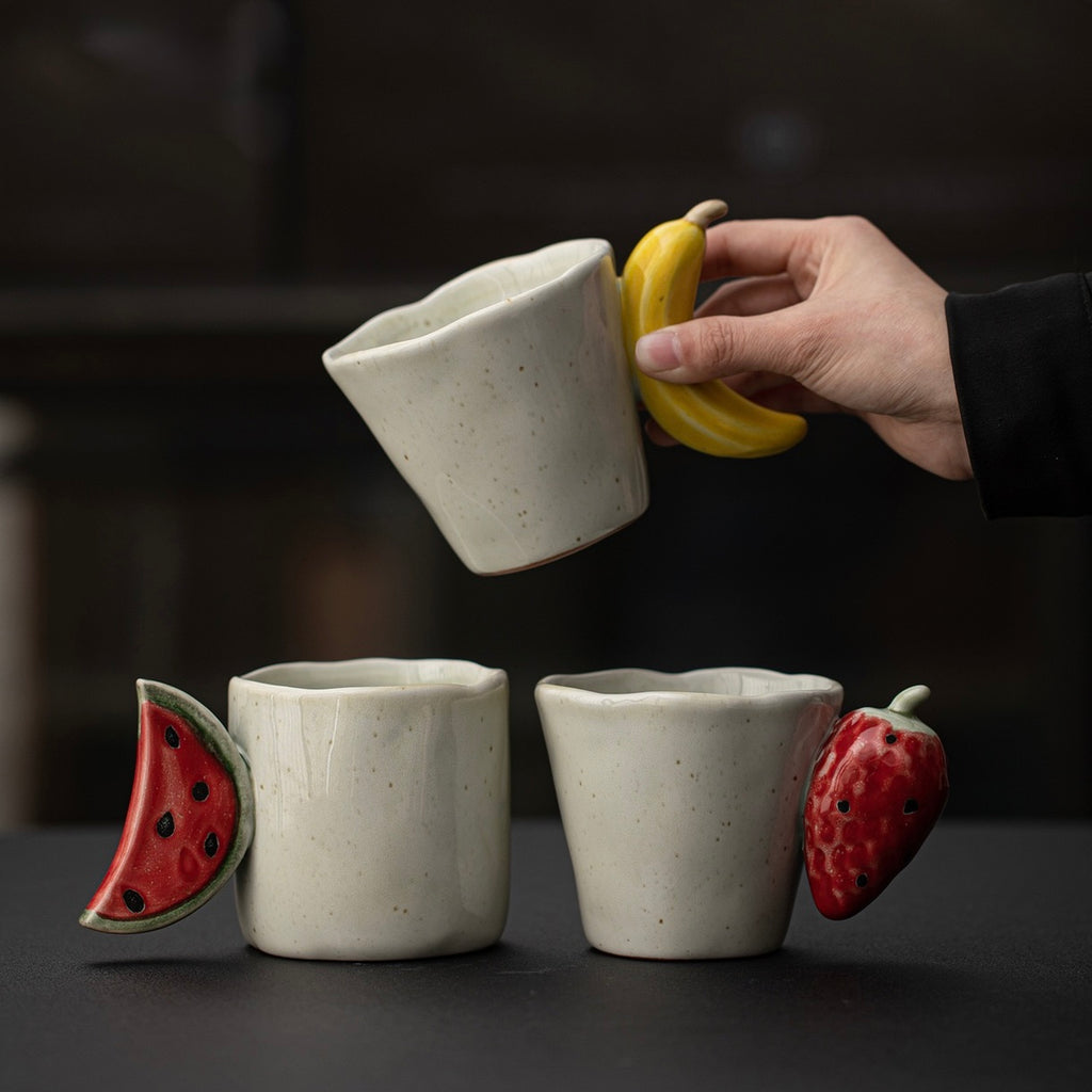 Handcrafted Ceramic Fruit Mug – Cute Strawberry, Banana & Watermelon Handle Coffee Cup | Unique Handmade Tea Mug & Gift for Coffee Lovers