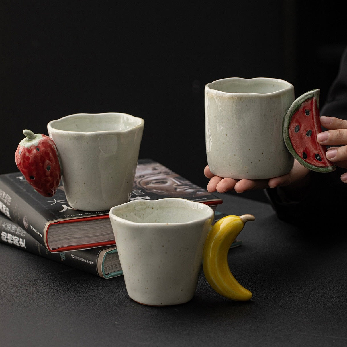 Handcrafted Ceramic Fruit Mug – Cute Strawberry, Banana & Watermelon Handle Coffee Cup | Unique Handmade Tea Mug & Gift for Coffee Lovers