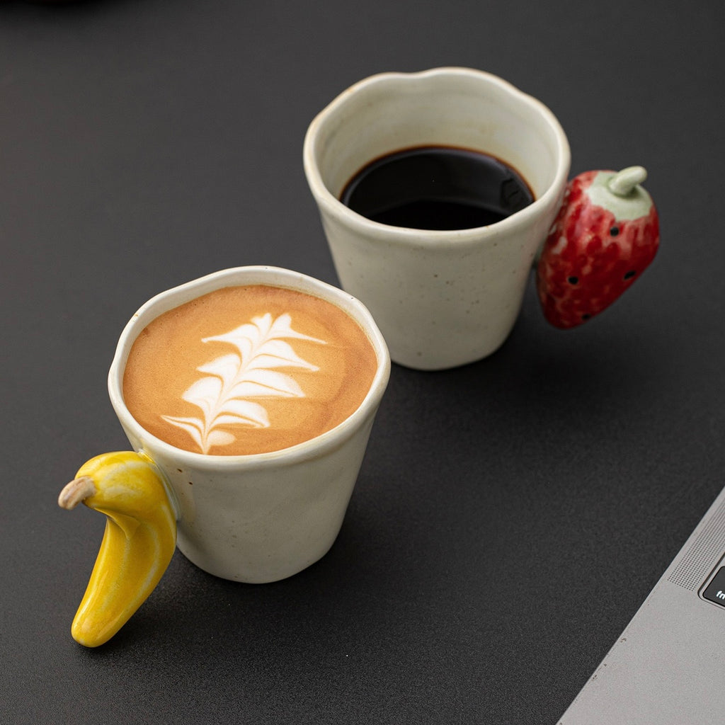 Handcrafted Ceramic Fruit Mug – Cute Strawberry, Banana & Watermelon Handle Coffee Cup | Unique Handmade Tea Mug & Gift for Coffee Lovers