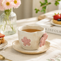 Handmade Flower Ceramic Mug Set – 3D Floral Coffee Cup with Saucer | Cute Japanese Style Tea Mug, 250ml Ceramic Drinkware Gift