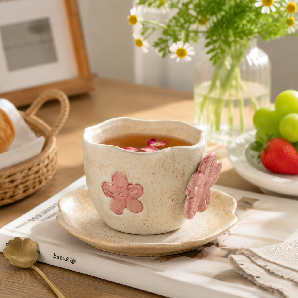 Handmade Flower Ceramic Mug Set – 3D Floral Coffee Cup with Saucer | Cute Japanese Style Tea Mug, 250ml Ceramic Drinkware Gift
