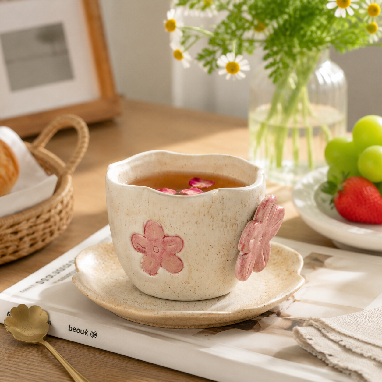 Handmade Flower Ceramic Mug Set – 3D Floral Coffee Cup with Saucer | Cute Japanese Style Tea Mug, 250ml Ceramic Drinkware Gift