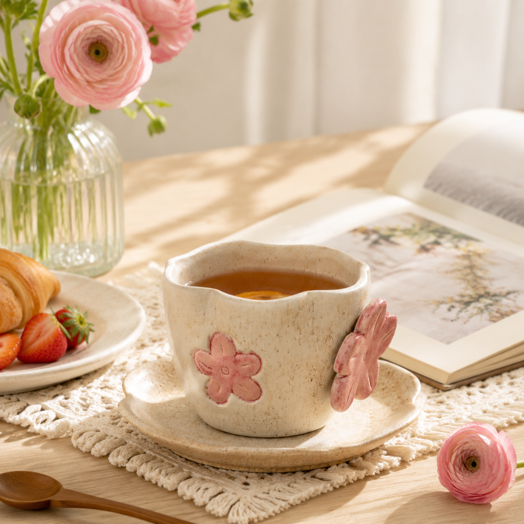 Handmade Flower Ceramic Mug Set – 3D Floral Coffee Cup with Saucer | Cute Japanese Style Tea Mug, 250ml Ceramic Drinkware Gift