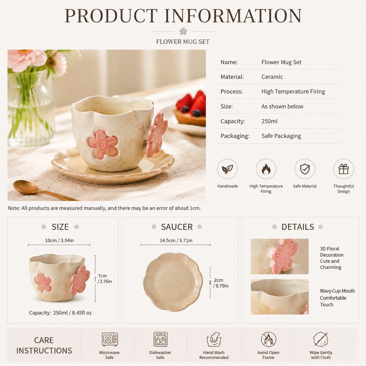 Handmade Flower Ceramic Mug Set – 3D Floral Coffee Cup with Saucer | Cute Japanese Style Tea Mug, 250ml Ceramic Drinkware Gift