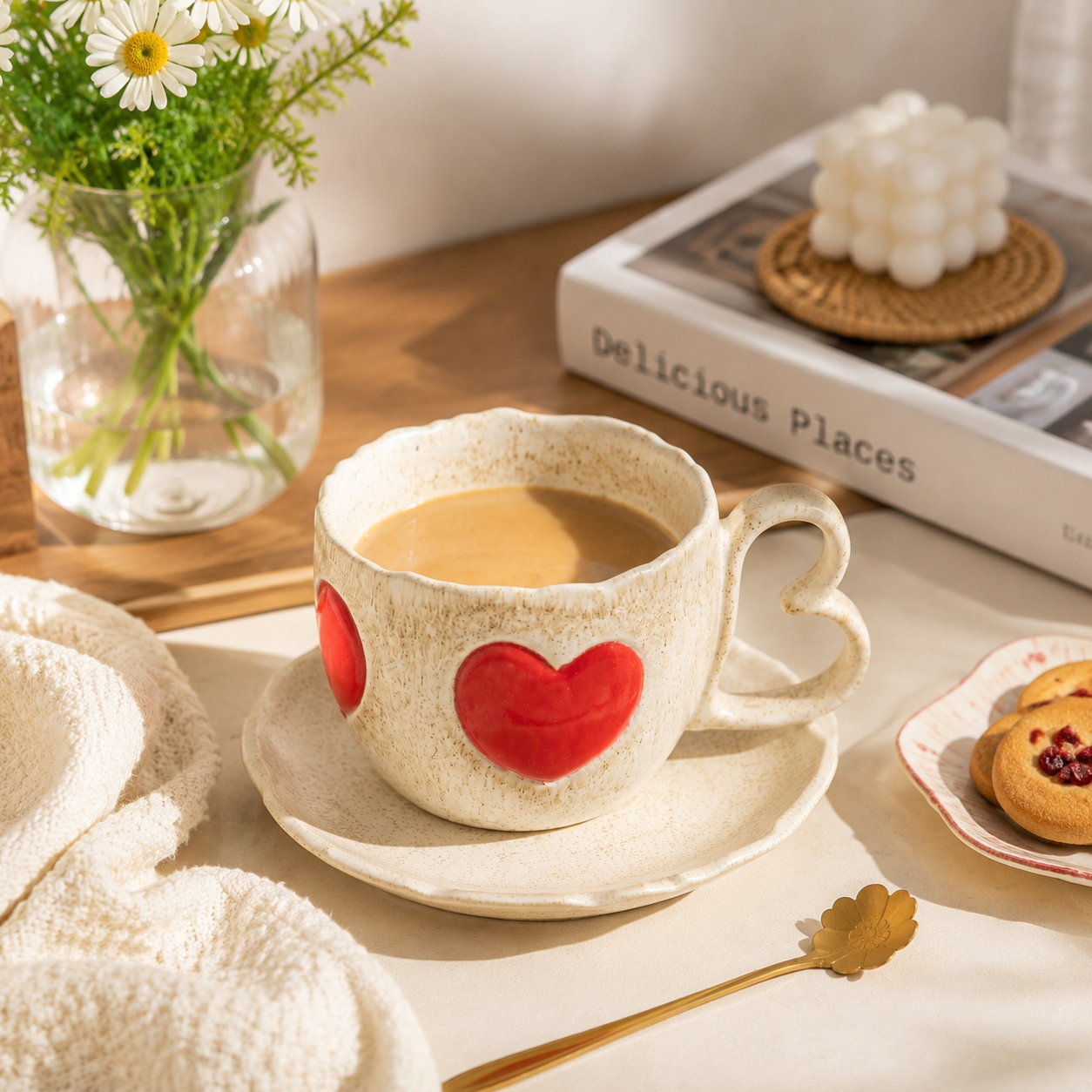 Heart Ceramic Mug with Saucer – Handmade Coffee Cup Set with Heart Handle | Cute 250ml Tea Mug, Romantic Kitchen Drinkware Gift