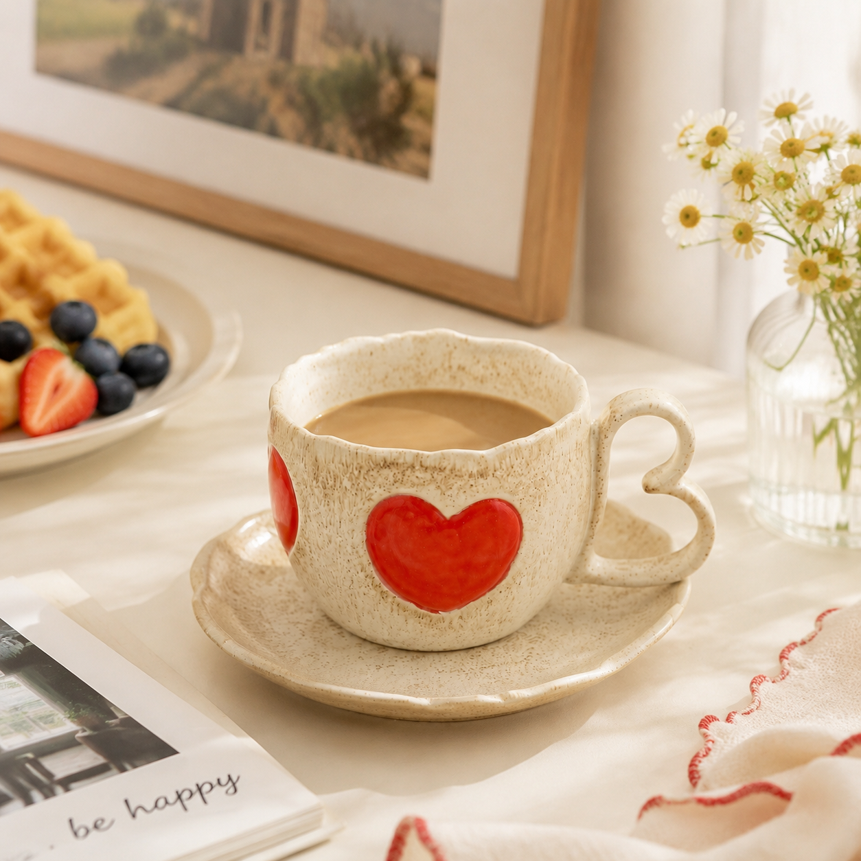 Heart Ceramic Mug with Saucer – Handmade Coffee Cup Set with Heart Handle | Cute 250ml Tea Mug, Romantic Kitchen Drinkware Gift