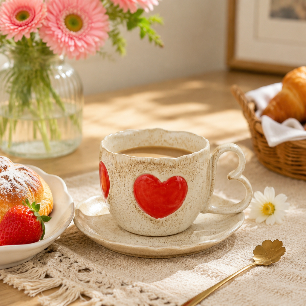 Heart Ceramic Mug with Saucer – Handmade Coffee Cup Set with Heart Handle | Cute 250ml Tea Mug, Romantic Kitchen Drinkware Gift
