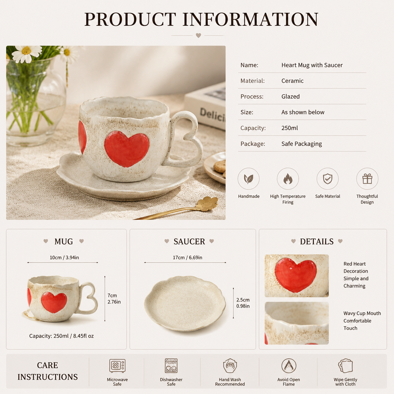 Heart Ceramic Mug with Saucer – Handmade Coffee Cup Set with Heart Handle | Cute 250ml Tea Mug, Romantic Kitchen Drinkware Gift