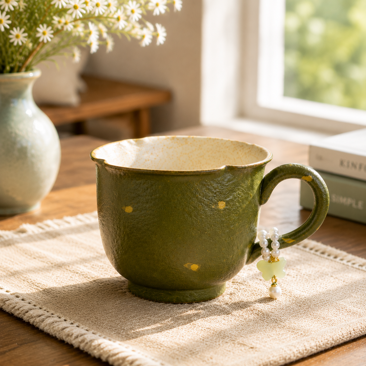 Japanese Style Green Ceramic Mug with Beaded Handle