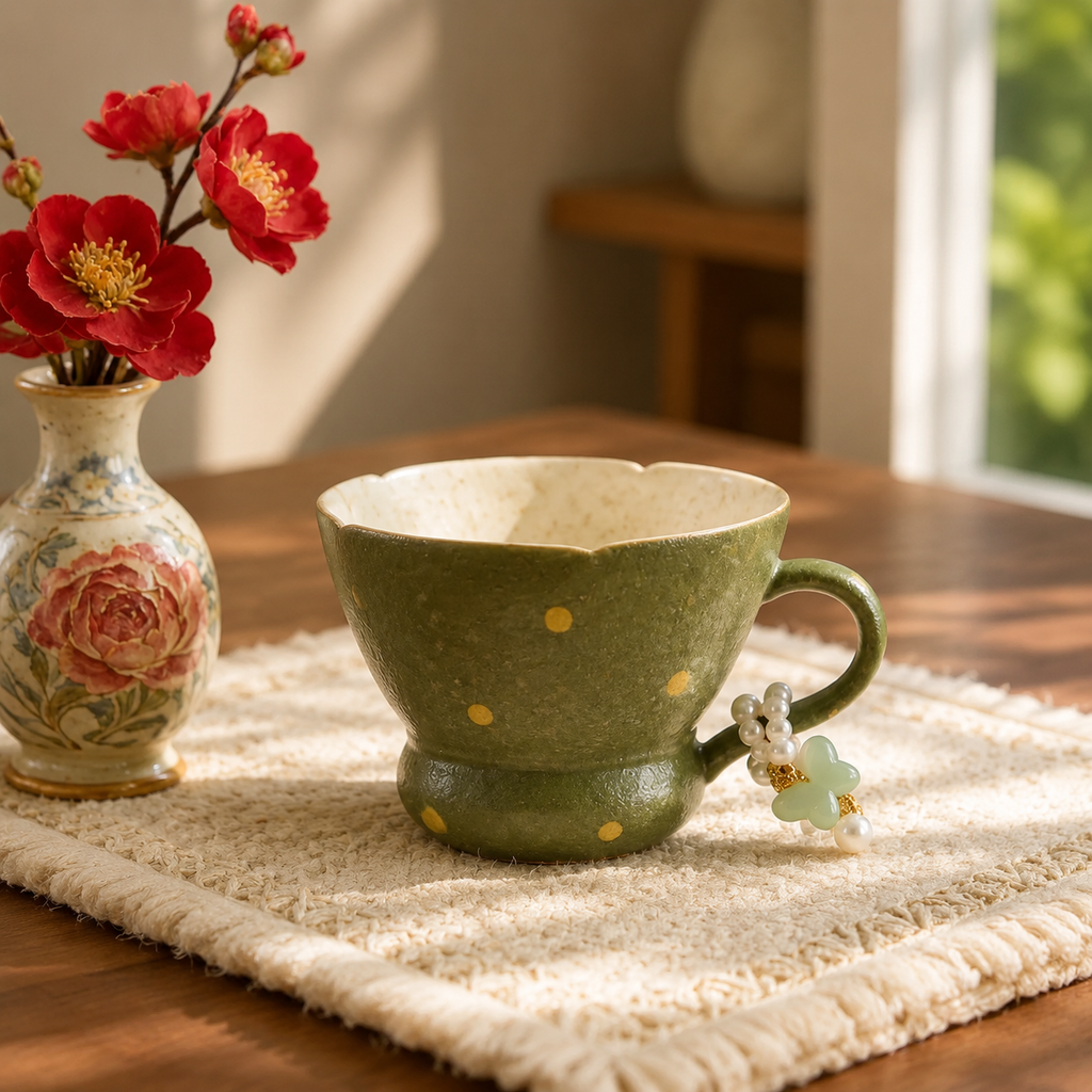 Japanese Style Green Ceramic Mug with Beaded Handle