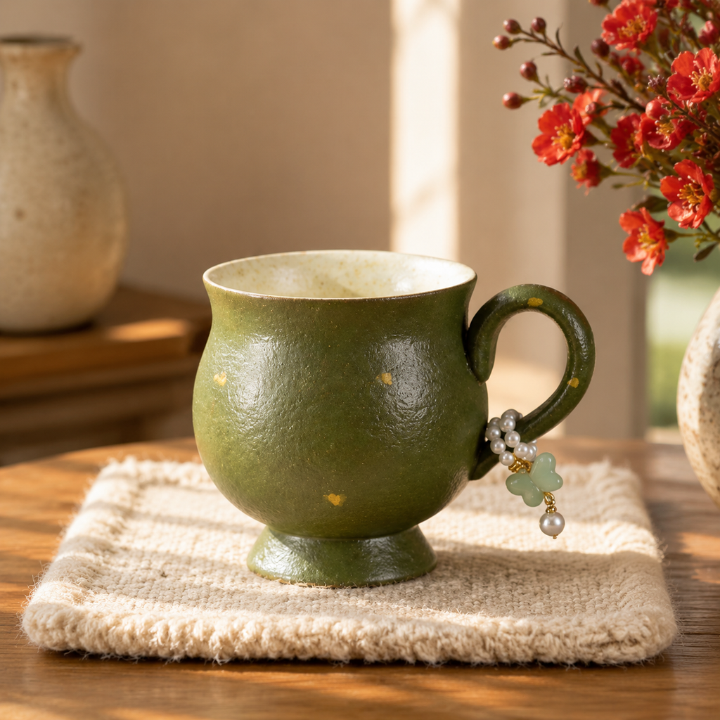 Japanese Style Green Ceramic Mug with Beaded Handle
