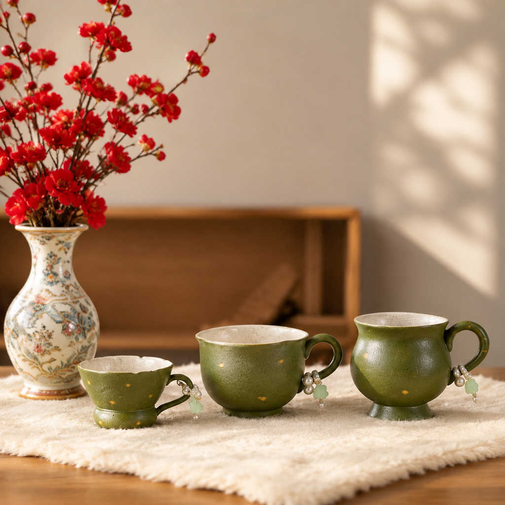 Japanese Style Green Ceramic Mug with Beaded Handle