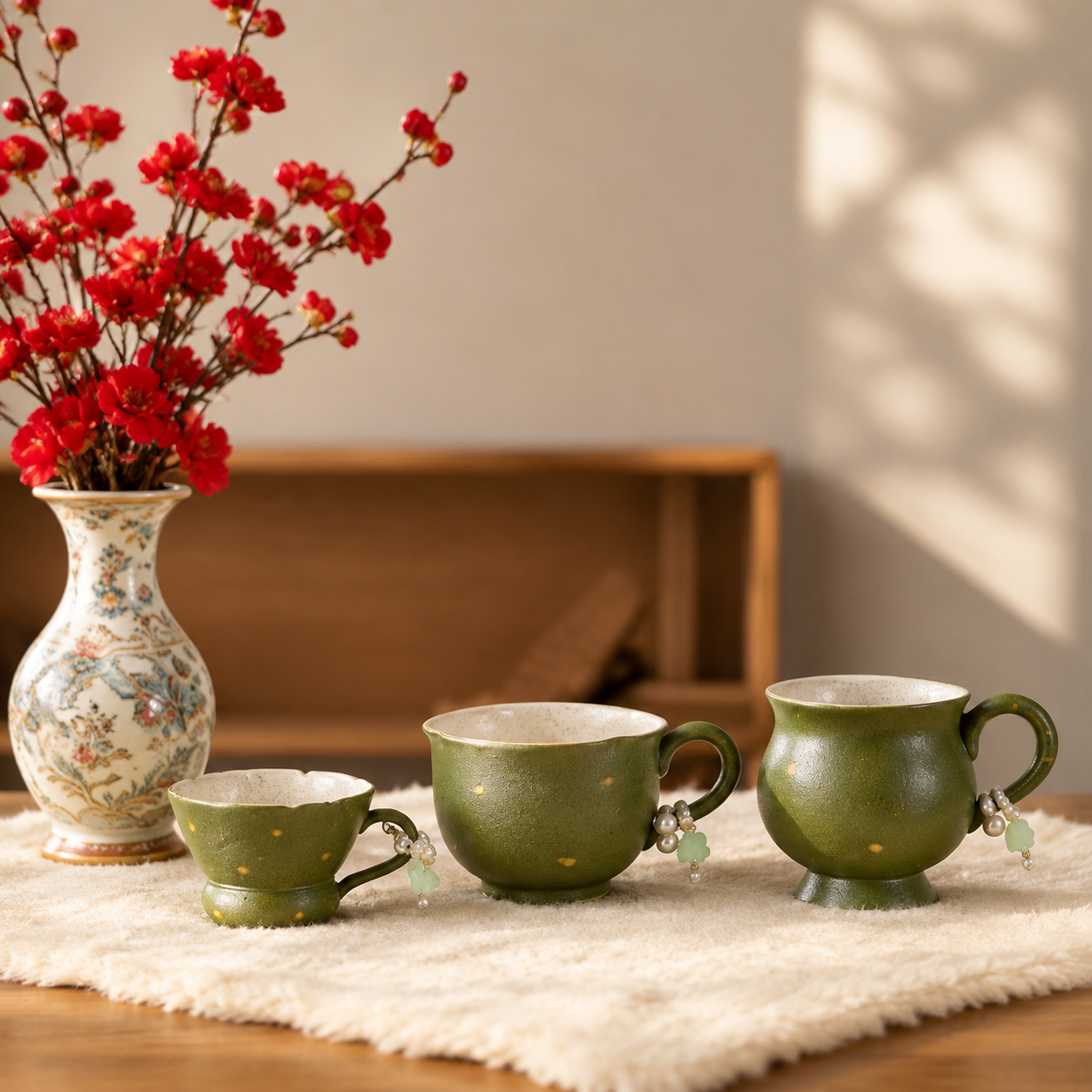 Japanese Style Green Ceramic Mug with Beaded Handle
