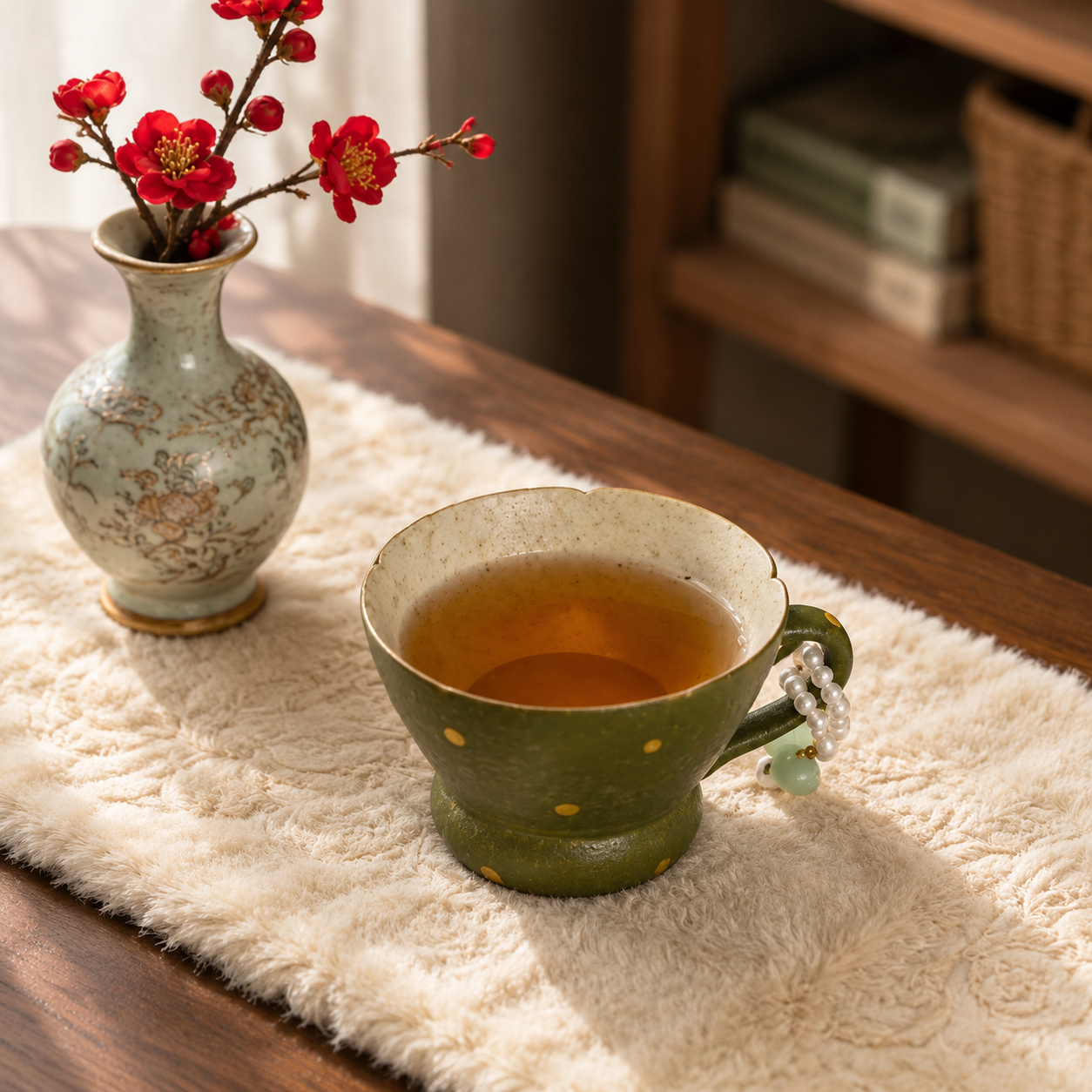 Japanese Style Green Ceramic Mug with Beaded Handle