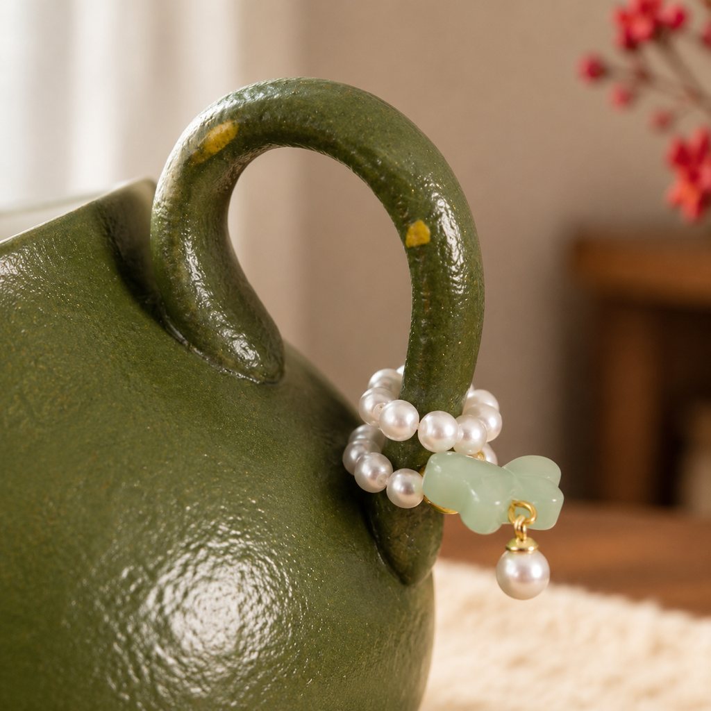 Japanese Style Green Ceramic Mug with Beaded Handle