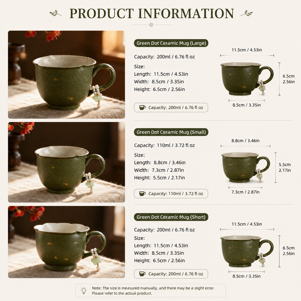 Japanese Style Green Ceramic Mug with Beaded Handle