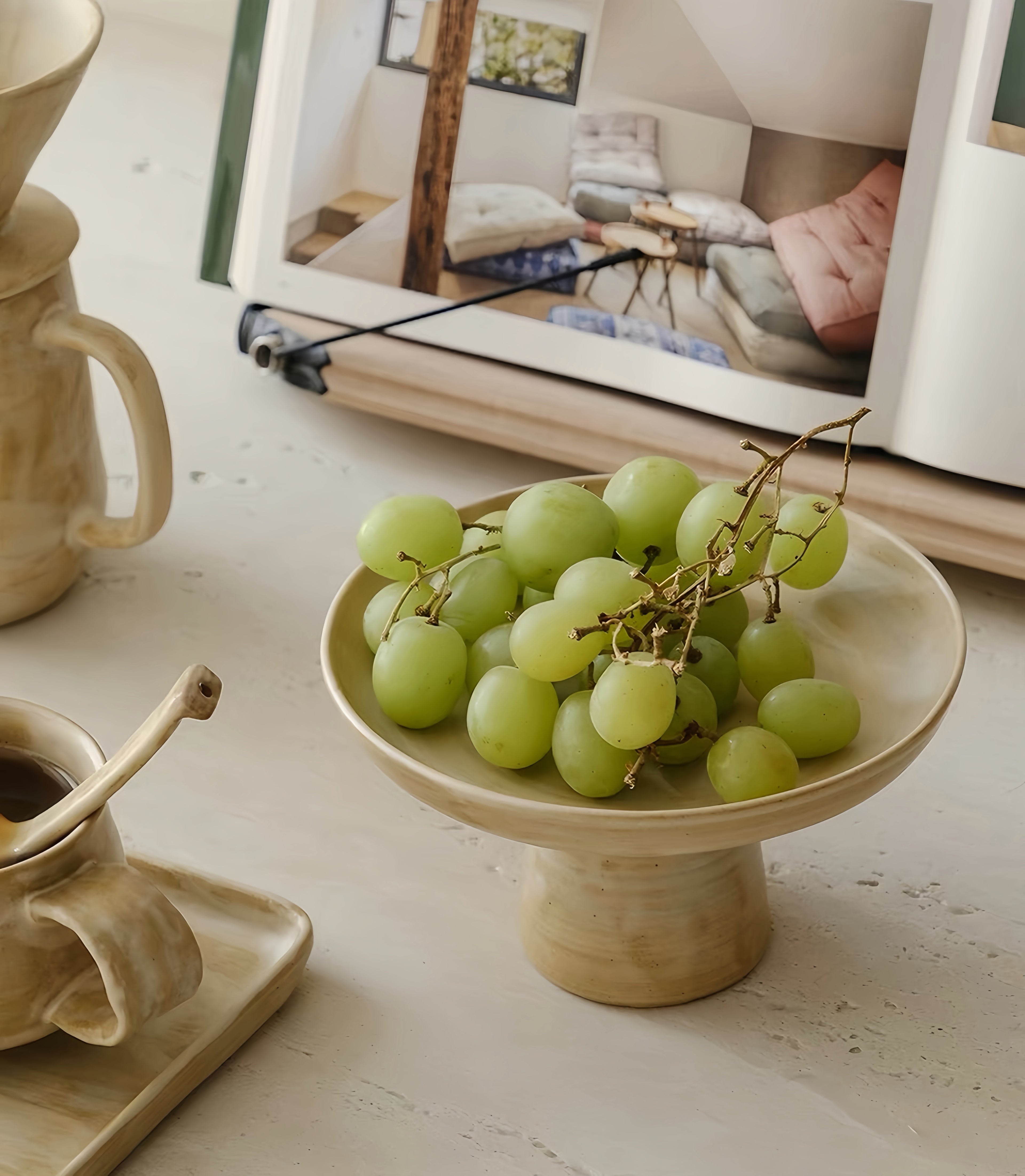 WS Luxury Collection | Taki Ceramic Footed Fruit Bowl – Japanese Wabi-Sabi Pedestal Serving Dish