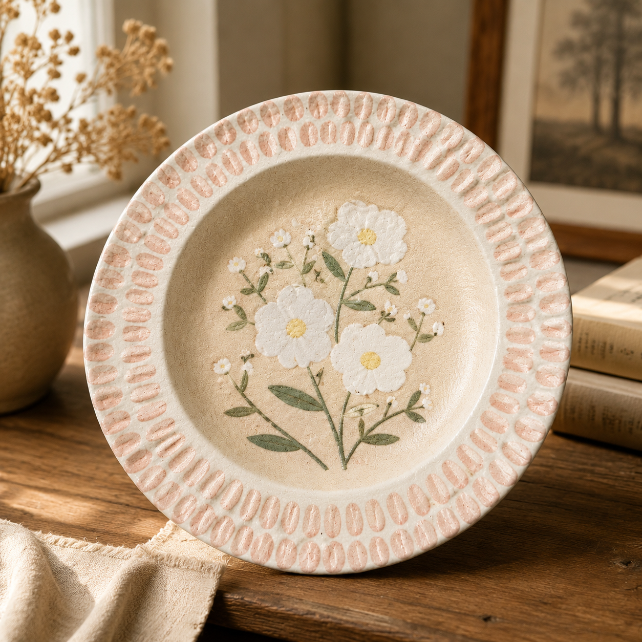 French Floral Embossed Ceramic Dinner Plate | Vintage Botanical Dessert Plate