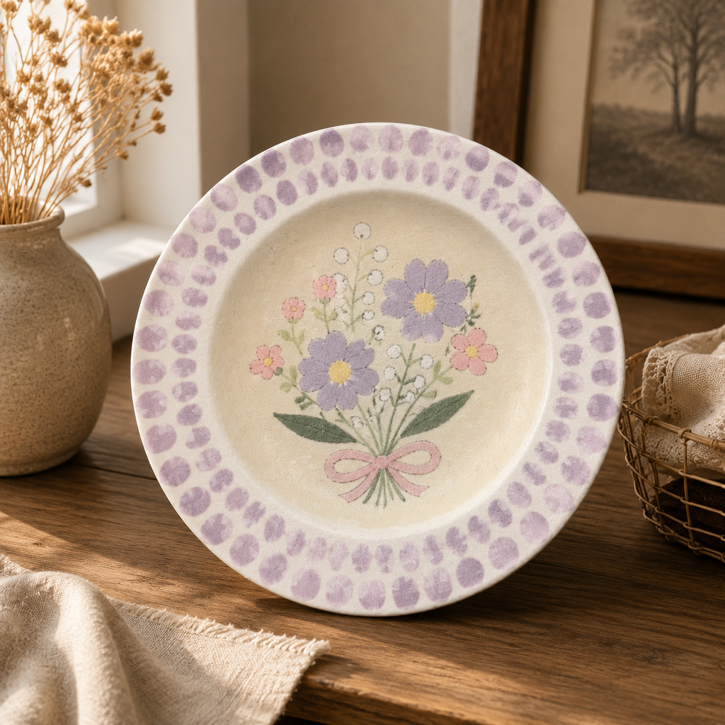 French Floral Embossed Ceramic Dinner Plate | Vintage Botanical Dessert Plate